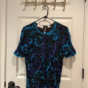 Vintage Sequin Beaded Black and Blue Top